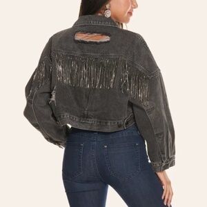 Blue B Women's Distressed Metallic Fringe Denim Jacket